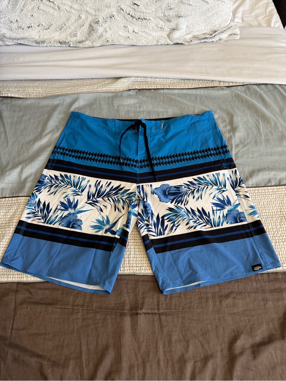 Boys' Blue Tropical Print Swim Trunks with Drawstring